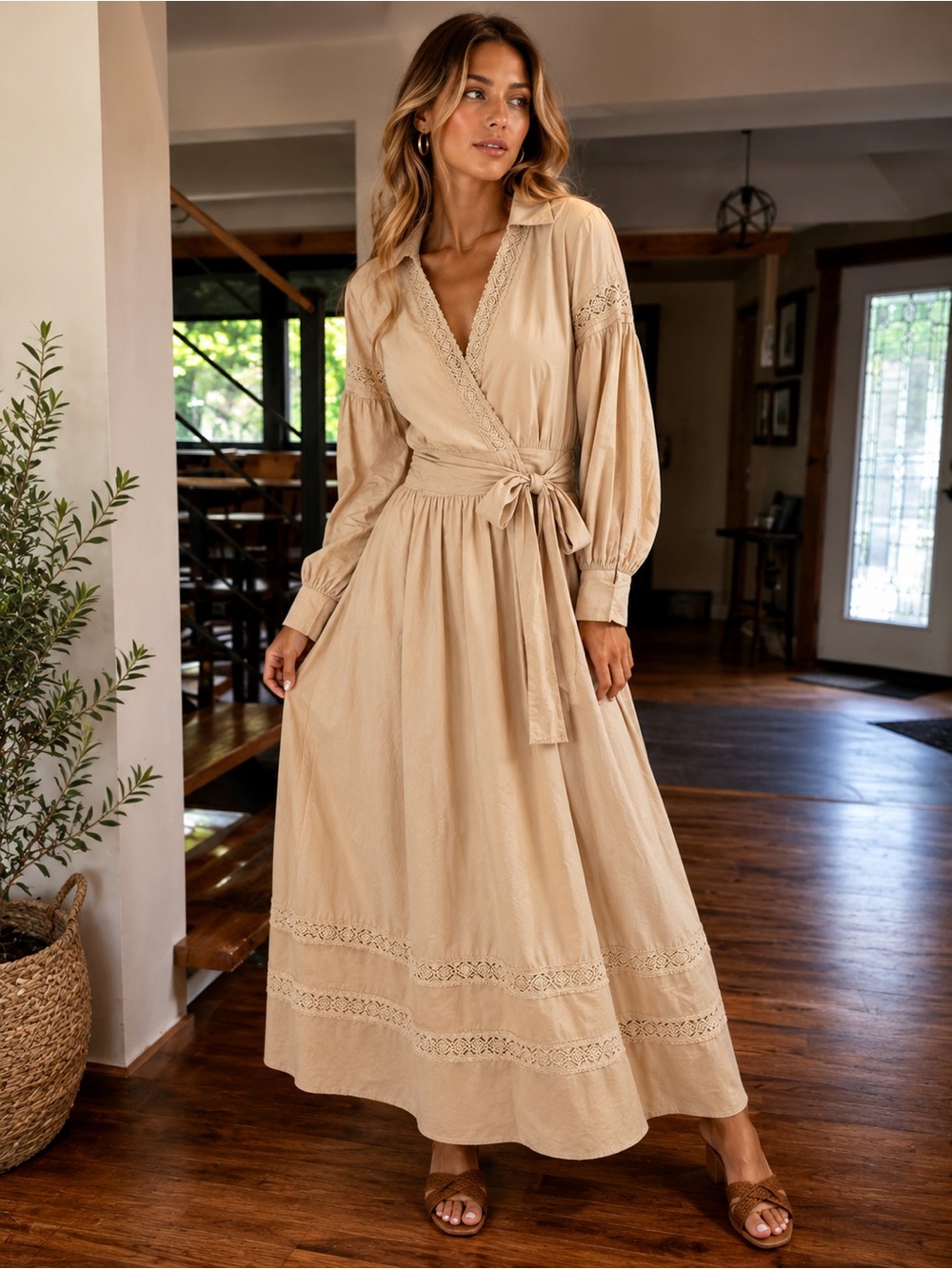 Boho Lace Trim Wrap Midi Dress Prairie Cottagecore Romantic Beige